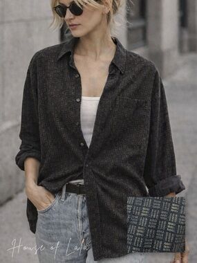 Vintage Black Pattern Button Down Shirt 100% Cotton Relaxed Fit Minimal Classic